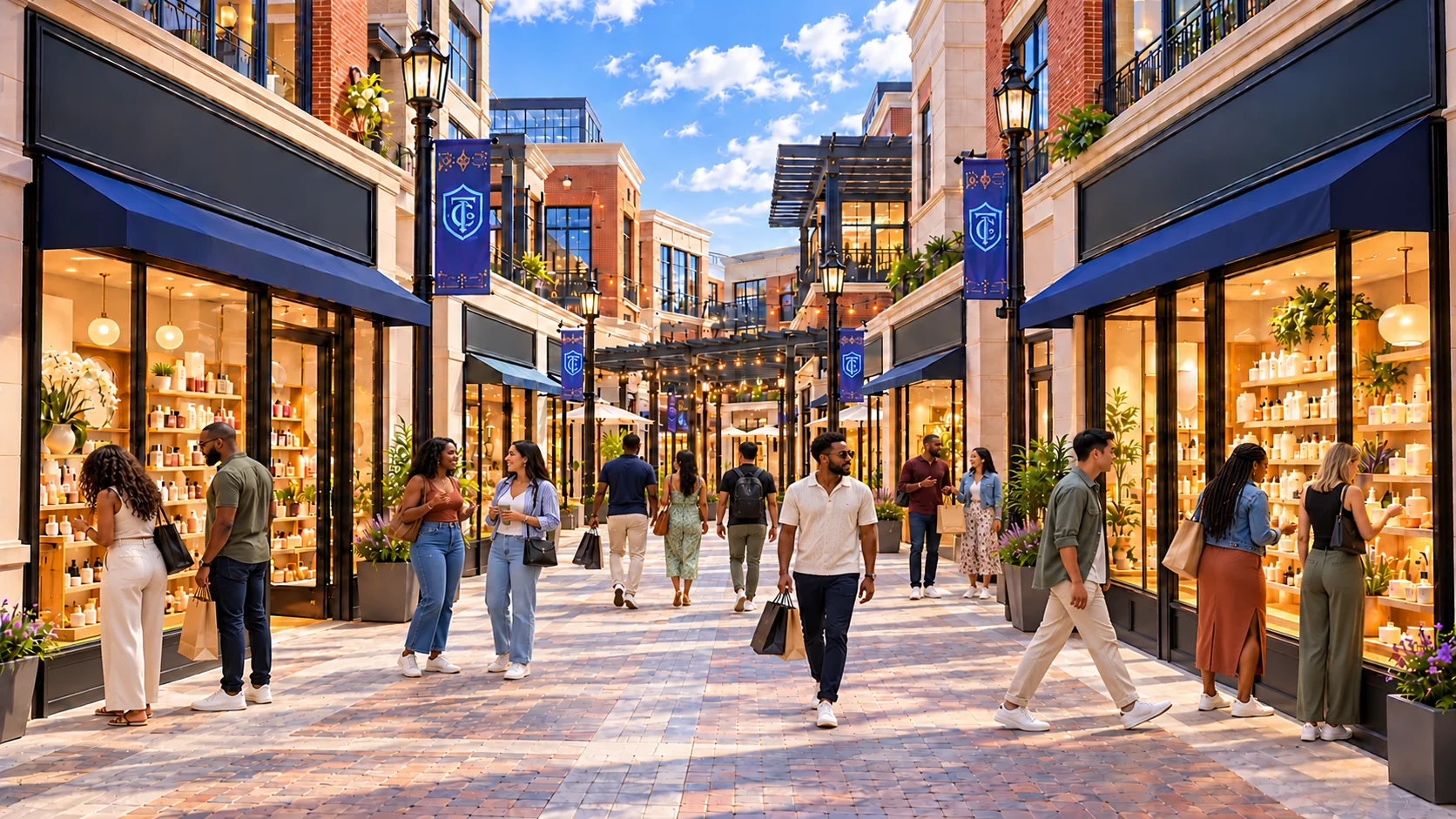 TrendyCrest open-air shopping village with predominantly Black shoppers, clear walkways, a fountain, brick storefronts and minimal greenery.