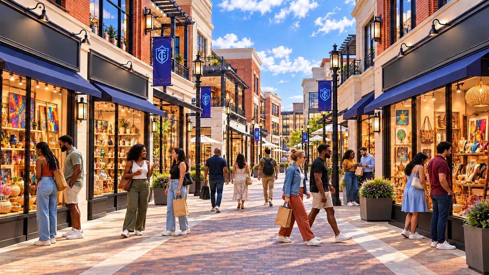 TrendyCrest open-air shopping village with predominantly Black shoppers, clear walkways, a fountain, brick storefronts and minimal greenery.