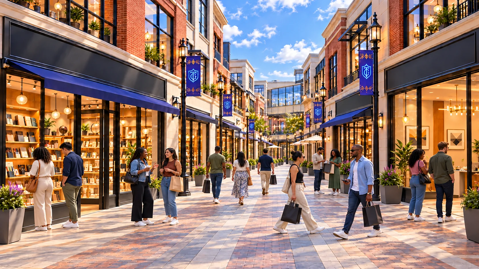 TrendyCrest open-air shopping village with predominantly Black shoppers, clear walkways, a fountain, brick storefronts and minimal greenery.