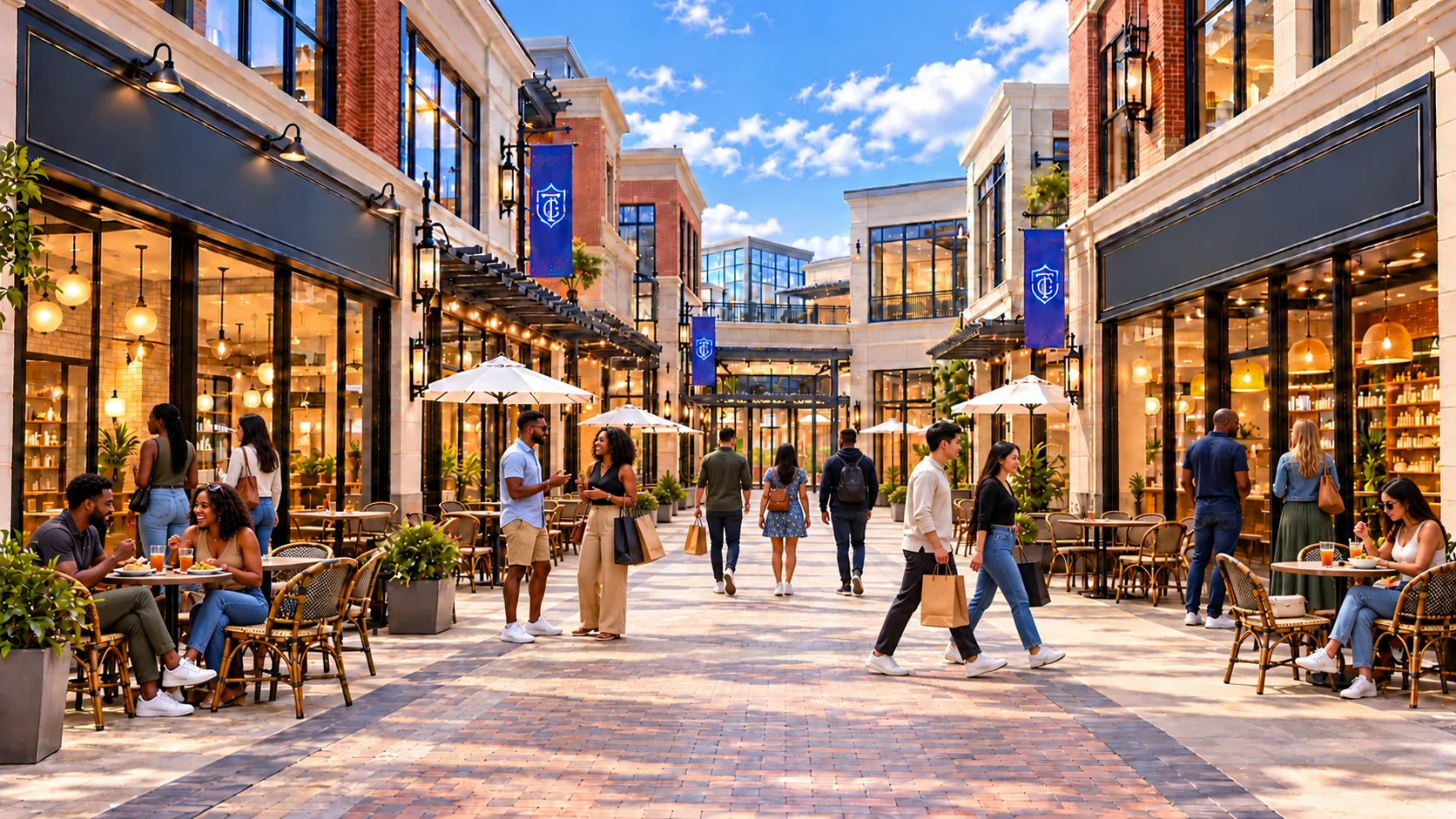 TrendyCrest open-air shopping village with predominantly Black shoppers, clear walkways, a fountain, brick storefronts and minimal greenery.
