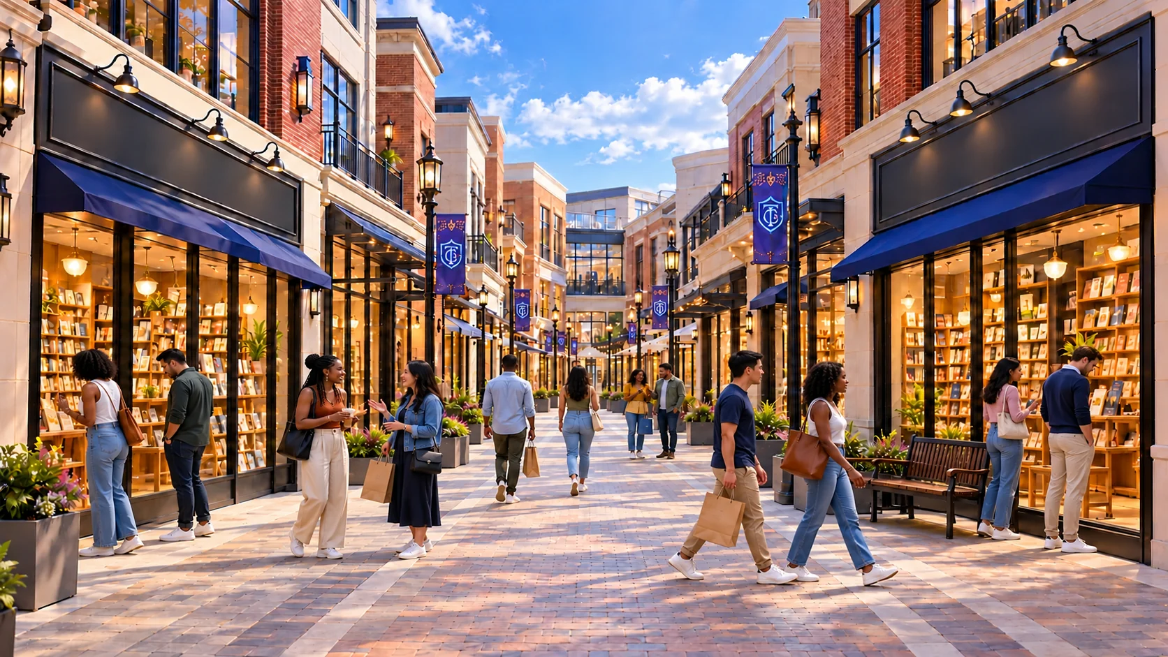 TrendyCrest open-air shopping village with predominantly Black shoppers, clear walkways, a fountain, brick storefronts and minimal greenery.