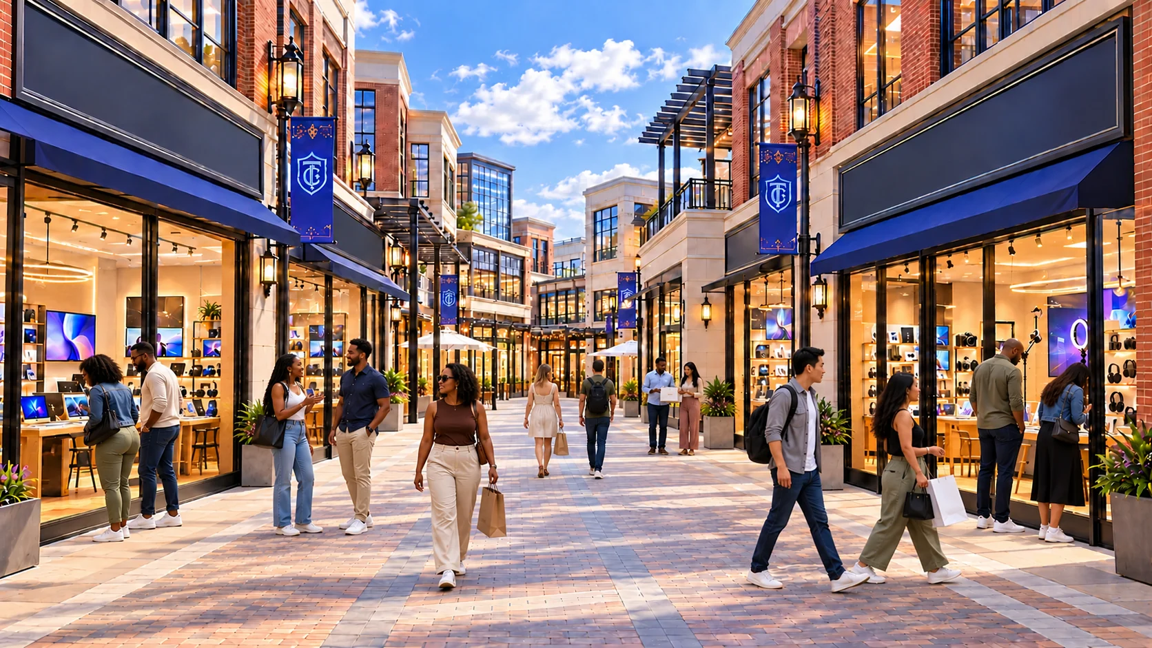 TrendyCrest open-air shopping village with predominantly Black shoppers, clear walkways, a fountain, brick storefronts and minimal greenery.