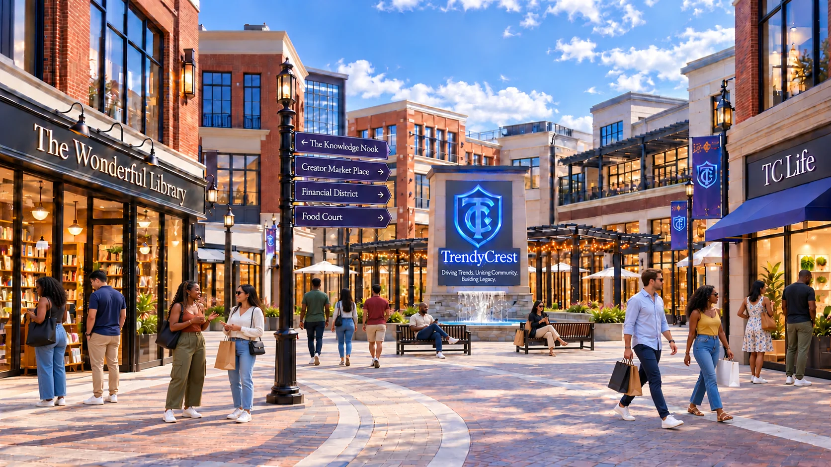 TrendyCrest open-air shopping village with predominantly Black shoppers, clear walkways, a fountain, brick storefronts and minimal greenery.